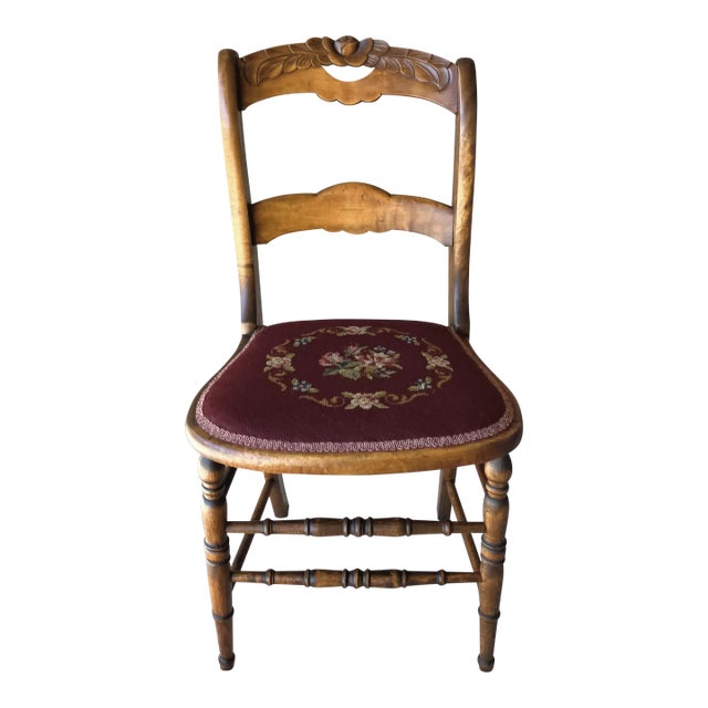 Early 20th-Century Hand Carved Rosette Crest Rail Back Needlepoint Seat Accent Chair For Sale