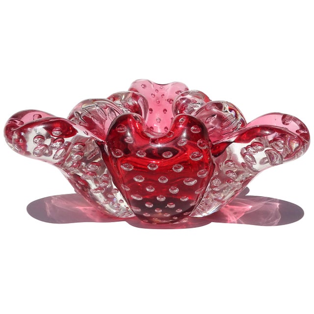 Mid-Century Modern Murano Seguso Vetri d'Arte Cranberry Red Sommerso Bubbles Italian Art Deco Glass Vintage Cigar Ashtray Bowl For Sale - Image 3 of 9