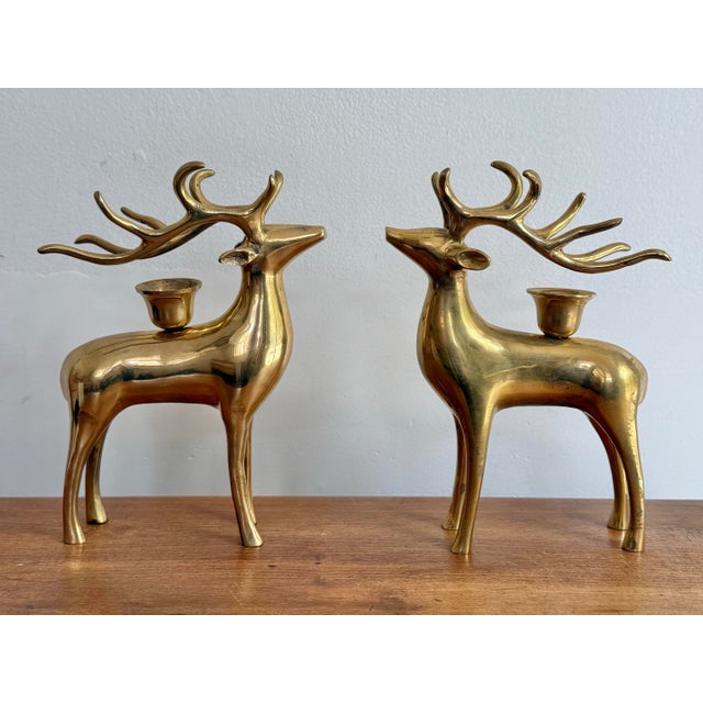 Late 20th Century Handsome Solid Brass Reindeer Candlestick Holder Pair For Sale - Image 5 of 9