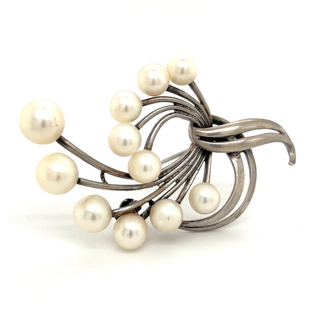 1990s Mikimoto Estate Akoya Pearl XL Spray Brooch Sterling Silver For Sale - Image 9 of 12