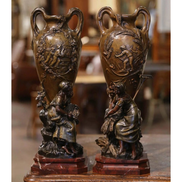 Pair of 19th Century French Verdigris Spelter Harvest Vases Signed Moreau For Sale In Dallas - Image 6 of 12