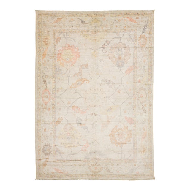 Ethereal Modern Oushak Style Handmade Wool Area Rug Pastels & Earth Tones 14x19 For Sale