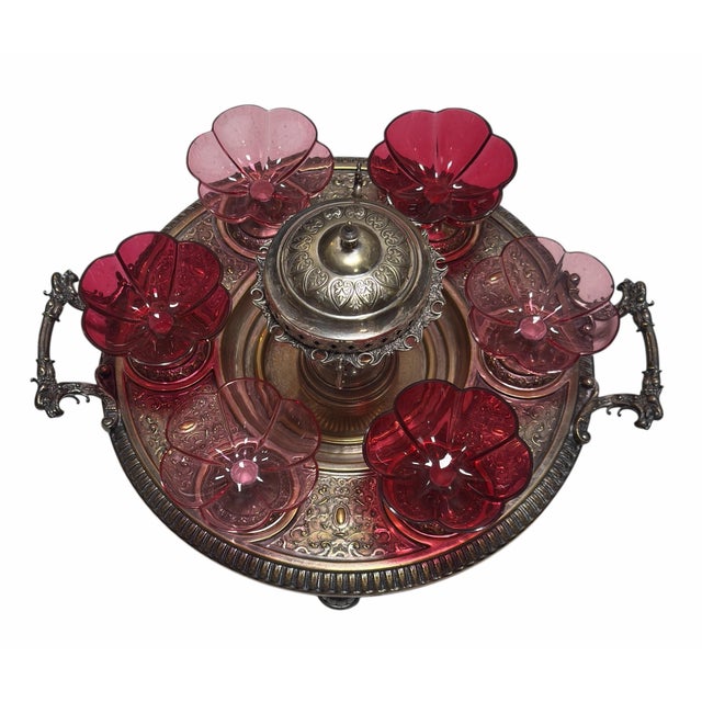 Traditional Antique WMF Silver on Bronze Centerpiece With Lobmeyr Quadrafoil Footed Bowls For Sale - Image 3 of 8