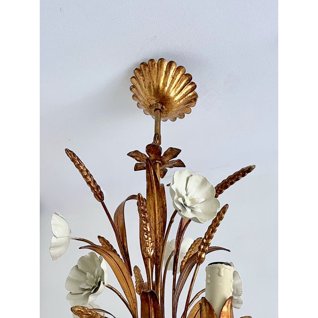 Gilt Tole Floral and Wheat Chandelier, 1960 For Sale - Image 18 of 18