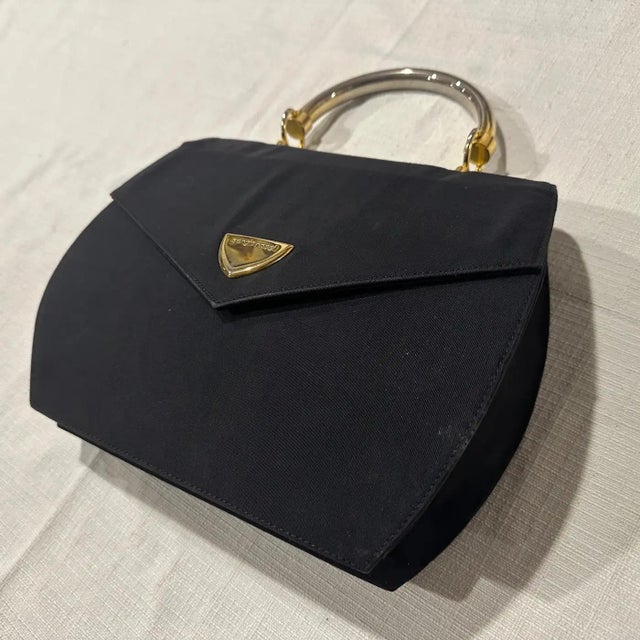 Textile Elegant 1990s Black Fabric, Brass and Chromed Metal Hand-Bag by Sergio Rossi For Sale - Image 7 of 11