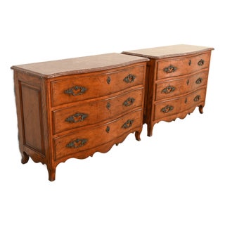 Ralph Lauren French Provincial Louis XV Carved Walnut Marble Top Commodes or Chests of Drawers, Pair For Sale