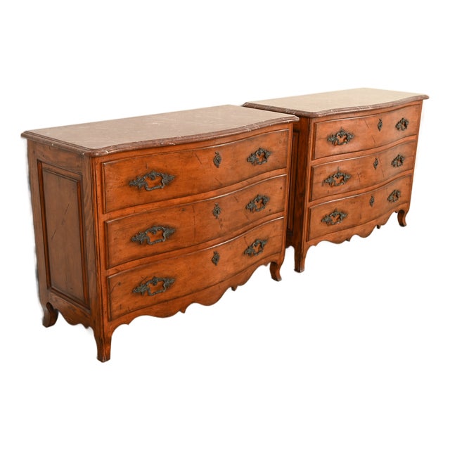 Ralph Lauren French Provincial Louis XV Carved Walnut Marble Top Commodes or Chests of Drawers, Pair For Sale