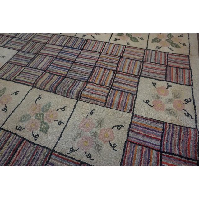 Beige Remarkable Beige Color With Geometric and Floral Design Vintage American Hooked Rug For Sale - Image 8 of 15