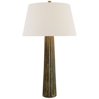Chapman & Myers by Visual Comfort Signature Fluted Spire Large Table Lamp in Bronze with Verdigris Highlights with Linen Shade For Sale