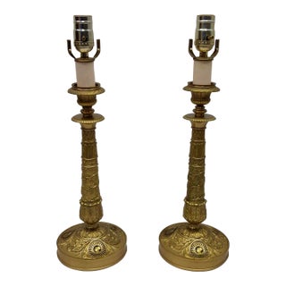 Early 19th Century Charles X Chiseled Gilt Bronze Candlestick Lamps Attributed Claude Galle - a Pair For Sale