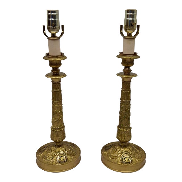 Early 19th Century Charles X Chiseled Gilt Bronze Candlestick Lamps Attributed Claude Galle - a Pair For Sale