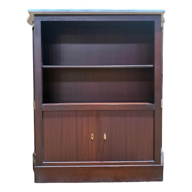 Low Mahogany Bookcase with Marble Top, 1980s For Sale