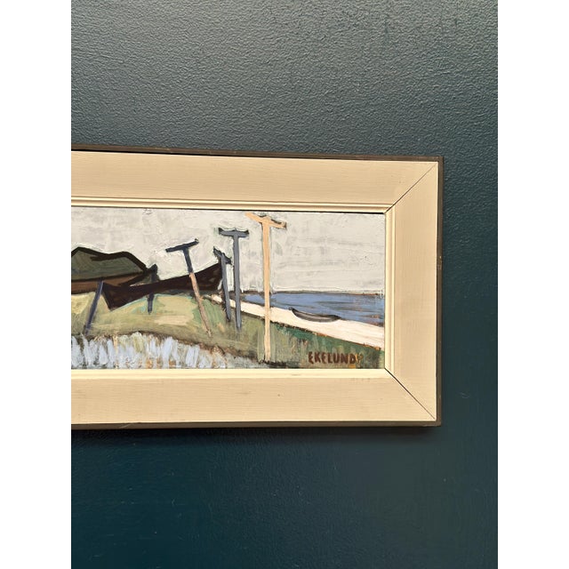 Ivar Ekelund, Coastal Landscape with Beached Boats, 1950s, Oil on Panel, Framed For Sale - Image 5 of 14