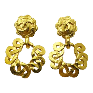 Chanel Vintage Gold Plated CC Flower Twisted Round Clip on Earrings - 2 Pieces