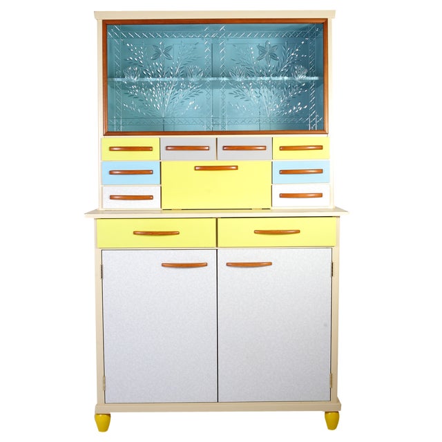 Mid-Century Formica Credenza with Crystal Cut Glass Doors, 1950s For Sale