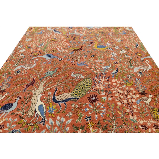 Modern Indian Hand-Knotted Wool Rug – Rust & Blue Tree of Life For Sale - Image 4 of 10