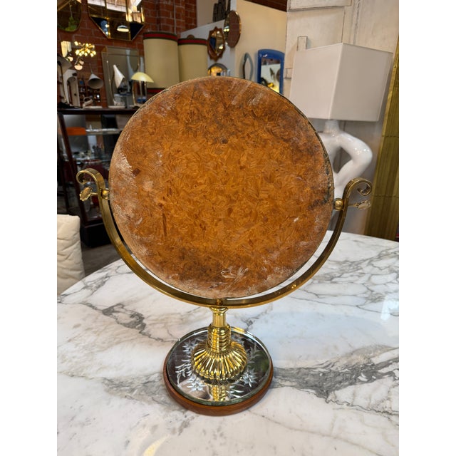 Vintage Brass Vanity Mirror With Etched Glass Base and Wood Trim For Sale - Image 10 of 10