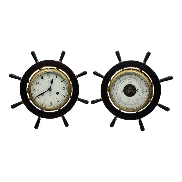 Circa 1970 German Ship's Wheel Clock & Barometer Set by August Schatz & Sohne For Sale