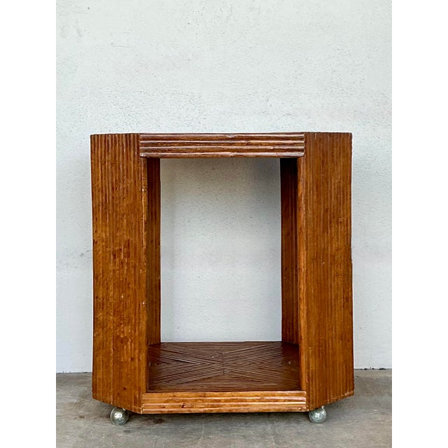 Mid-Century Modern Vintage Cross Hatched Pretzel Rattan Bar Cart For Sale - Image 3 of 12