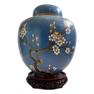 Blue Chinese Cloisonné Ginger Jar on Carved Wood Stand For Sale