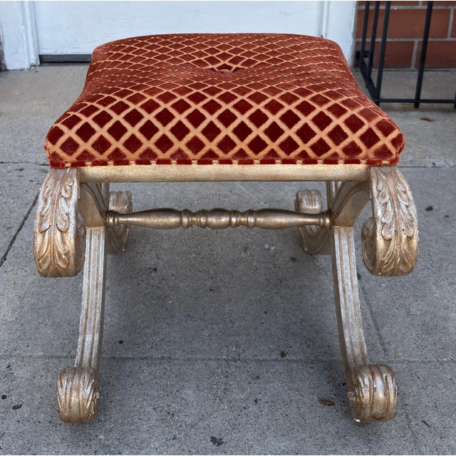 Textile Nancy Corzine Saber Leg Giltwood X Bench W Red Silk Cut Velvet Fabric For Sale - Image 7 of 8