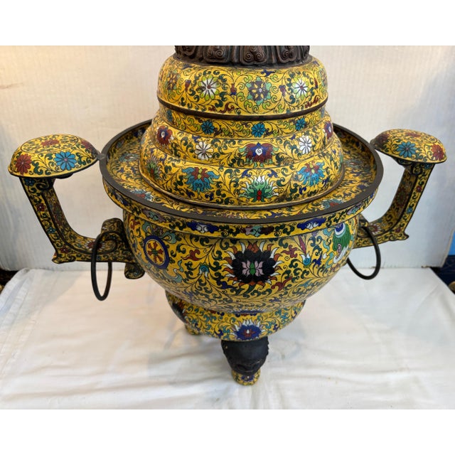 Yellow 1930s Enormous Cloisonné Urn / Brazier For Sale - Image 8 of 12