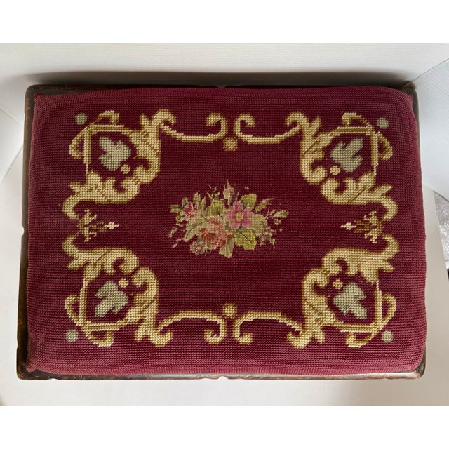 English Antique English Needlepoint Footstool With Carved Queen Anne Style Legs For Sale - Image 3 of 11