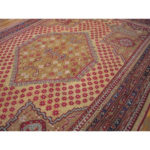 Great Camel and Claret Color With Unique Hexagonal Design Antique Smyrna Oushak Rug For Sale In New York - Image 6 of 7