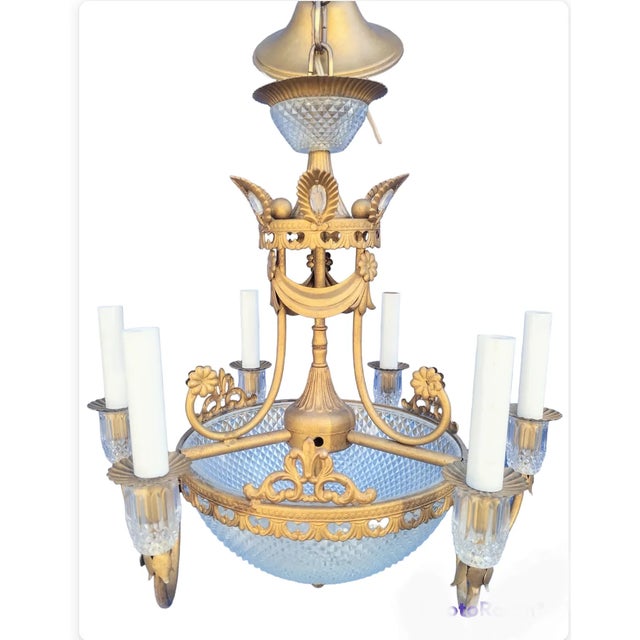 A sweet elegant vintage Italian Hollywood Regency brass and cut glass 6 light chandelier fixture. The chandelier is such a...