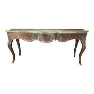 1970s Hollywood Regency Mastercraft Style Burled Walnut & Brass Console Table For Sale