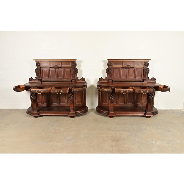 Late 19th Century R. J. Horner Renaissance Revival Ornate Carved Oak Sideboards or Bar Cabinets, Circa 1880s For Sale - Image 5 of 14