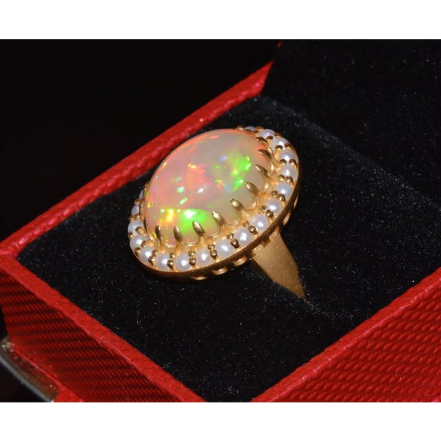 Certified Natural 13.78Cts Seed Pearl Opal Cocktail Halo Brushed 18K Solid Gold Ring, size 6.75 For Sale - Image 10 of 10