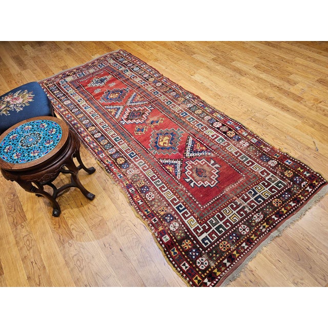 Red 19th Century Caucasian Kazak Rug, Hand-Knotted Wool, Geometric Medallions, 4' x 9' For Sale - Image 8 of 17