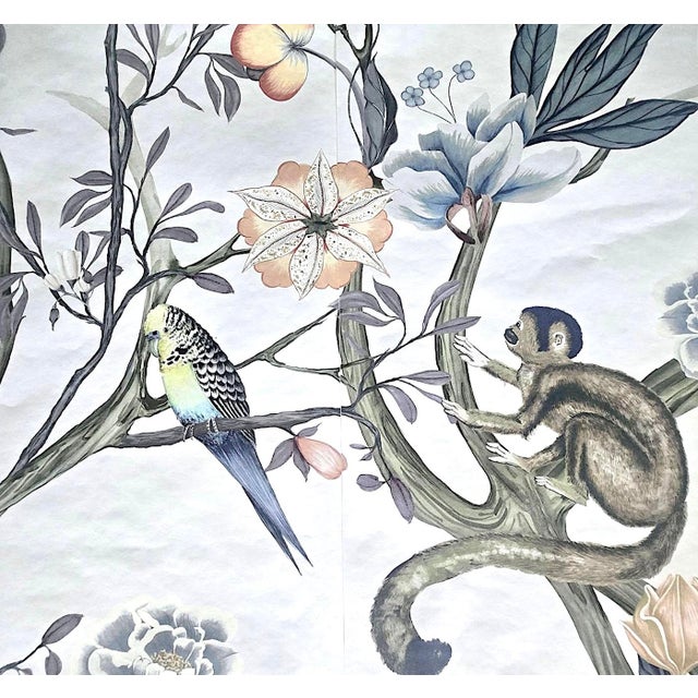 Chinoiserie/Botanical Anthropologie Chloe Wallpaper Mural, Birds and Monkeys, 7 Panels For Sale - Image 12 of 15