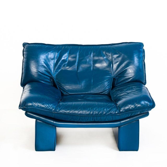 Set of Vintage Blue Leather Armchair and Ottoman by Nicoletti Salotti for Avanti, Italy, 1980s For Sale - Image 6 of 18