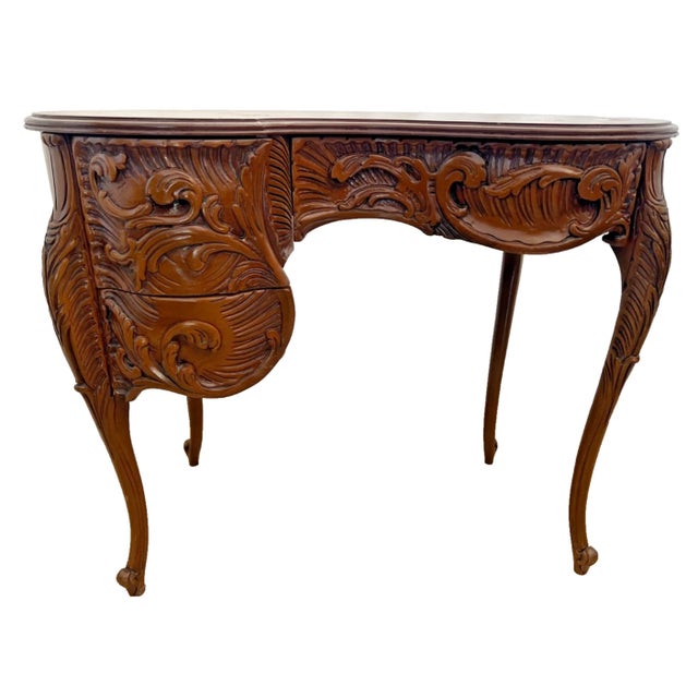 Vintage French Desk Kidney Shaped Vanity Three Carved Drawers Inlays Petite Size For Sale - Image 4 of 13