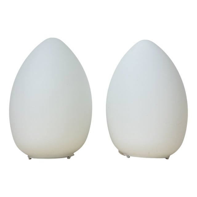 Vintage Egg-Shaped Opaline Glass Table Lamps, 1970s, Set of 2 For Sale