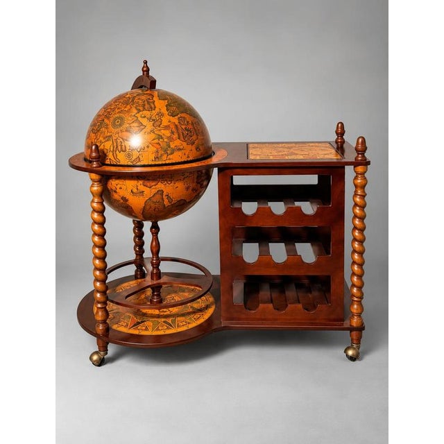 Wood Antique Globe Bar Cart with Wine Rack For Sale - Image 7 of 7