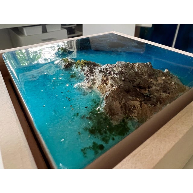 Early 21st Century Flying Over the Ocean #5 by Ana Hefco | Layered tinted resin & Mixed Media on wood panel Abstract ocean landscape with islands. For Sale - Image 5 of 5