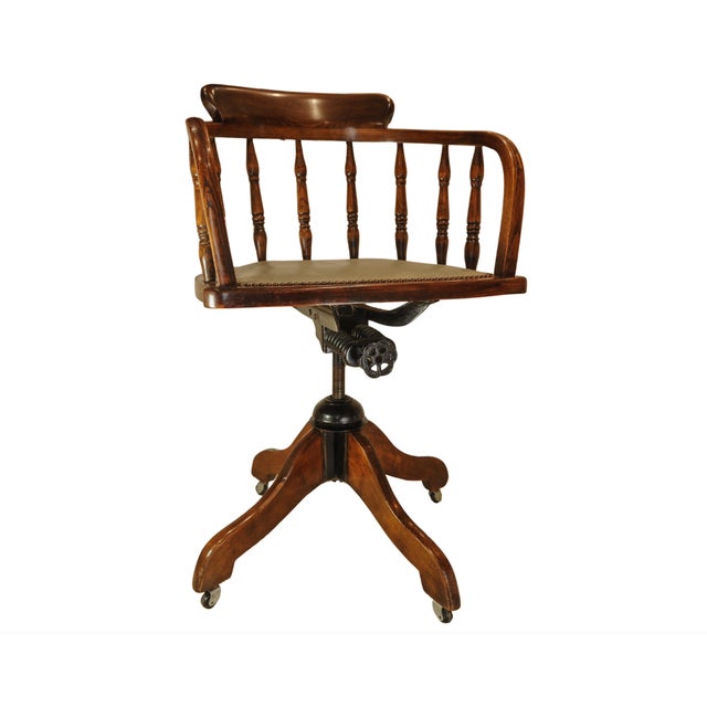 1930s Antique Captain's Desk Chair with Brass Stud Detailing and Iron Base, 1930s For Sale - Image 5 of 10
