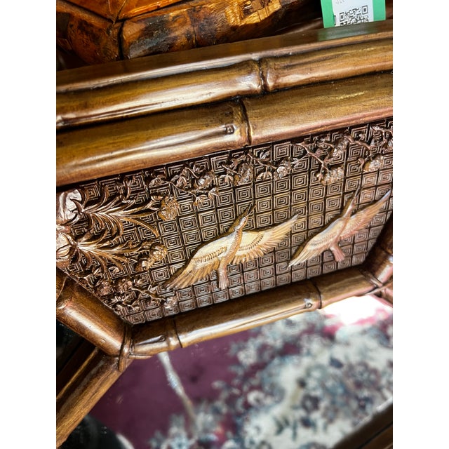 1970s Vintage Faux Bamboo Geometric Asian Style Wall Mirror With Bird Accents For Sale - Image 5 of 8