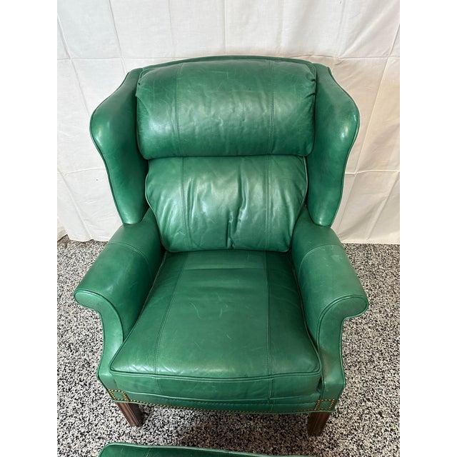 2000 - 2009 Whitmore Sherrill Furniture Green Leather Chair & Ottoman, 2 Pieces For Sale - Image 5 of 7