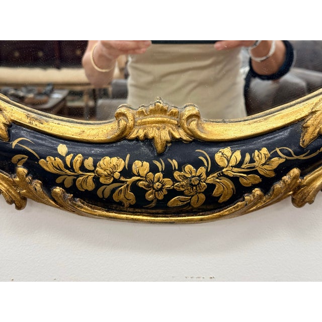 Large Hand Painted Chinoiserie Black Lacquer & Gold Gilt Mirror With Carved Rococo Crest For Sale In New York - Image 6 of 8