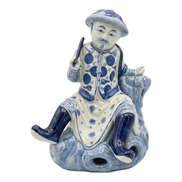 Vintage 14 Inch Blue & White Porcelain Seated Chinese Scholar Statue Holding Scroll For Sale