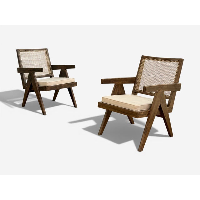 Mid-Century Modern Pierre Jeanneret, Teak, Cane, Low Easy Chairs, Chandigarh, India C. 1960s For Sale - Image 3 of 15