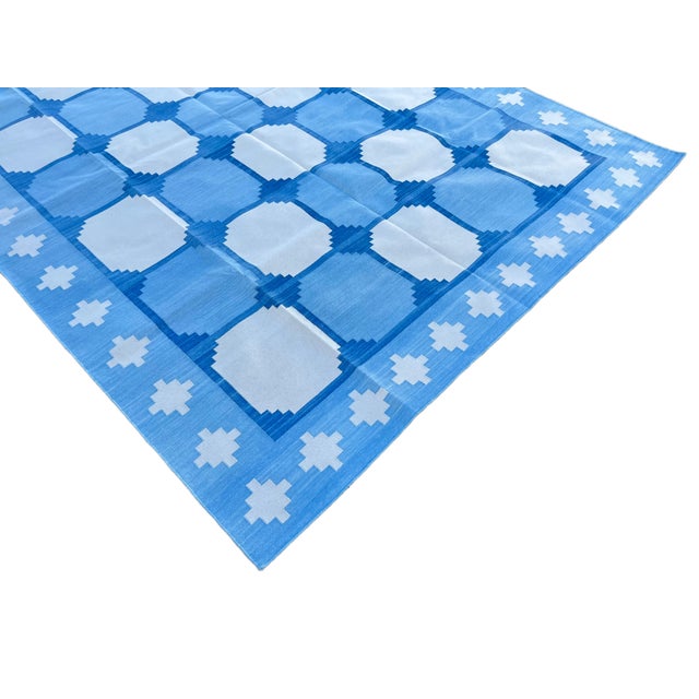 Handmade Cotton Area Rug Vegetable Dyed Sky Blue and White Vista Rug-4'x6' For Sale - Image 6 of 10