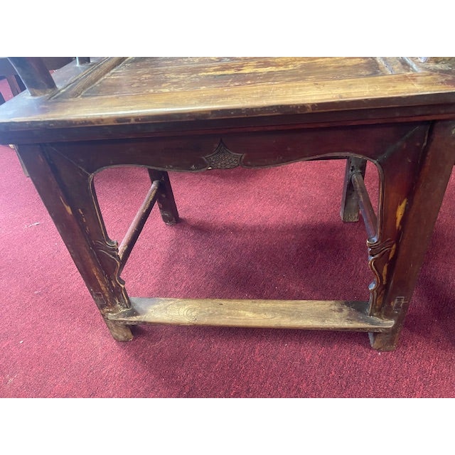 Vintage Pair Oriental Wooden Yoke Back Scholar Cap Arm Chairs Carved W/ Cut Out Design Back For Sale - Image 17 of 18