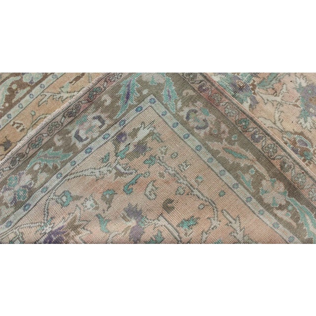 Textile Floral Vintage Turkish Oushak Rug in Cream, Green, Light Peach and Brown 5'1 X 7'8 For Sale - Image 7 of 8