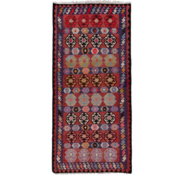 Vintage Kilim Handmade Flatweave Red Geometric Wool Runner 5' 7'' X 12' 2'' For Sale