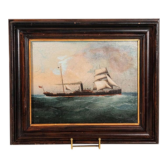 Antique Oil on Canvas British Steamship Painting in Oak Frame For Sale